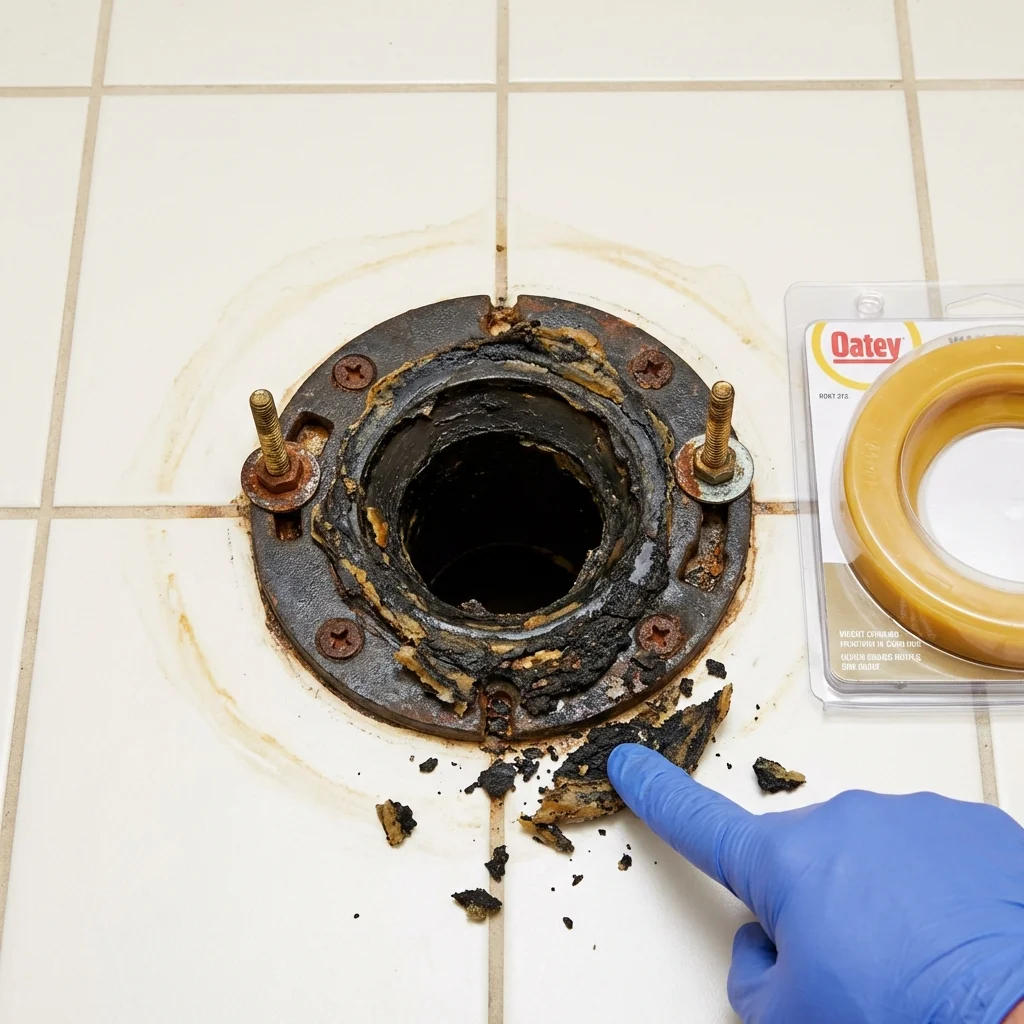 Failed wax ring showing water seepage at the base of a toilet in a Temple, NH home