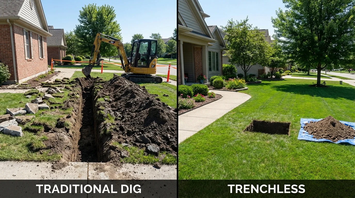 Trenchless sewer repair with minimal yard damage versus traditional excavation in Temple, NH