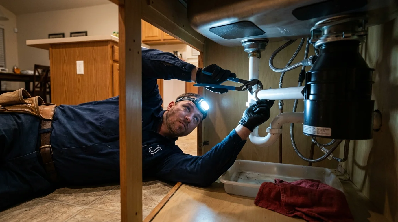 P-trap and supply line connections under a kitchen sink showing a common leak point in Temple, NH